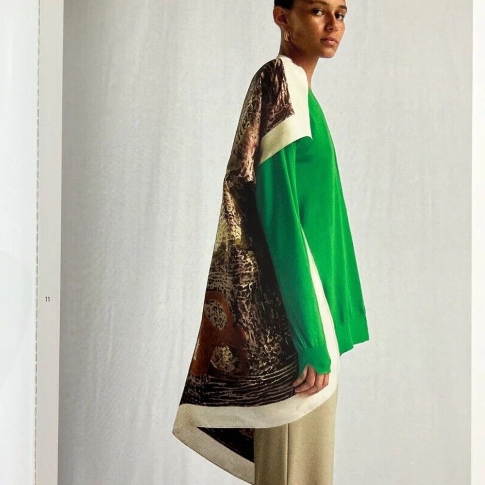 CELINE Green Wool V-Neck Sweater with Silk Foulard Scarf Cape Size Small NWOT